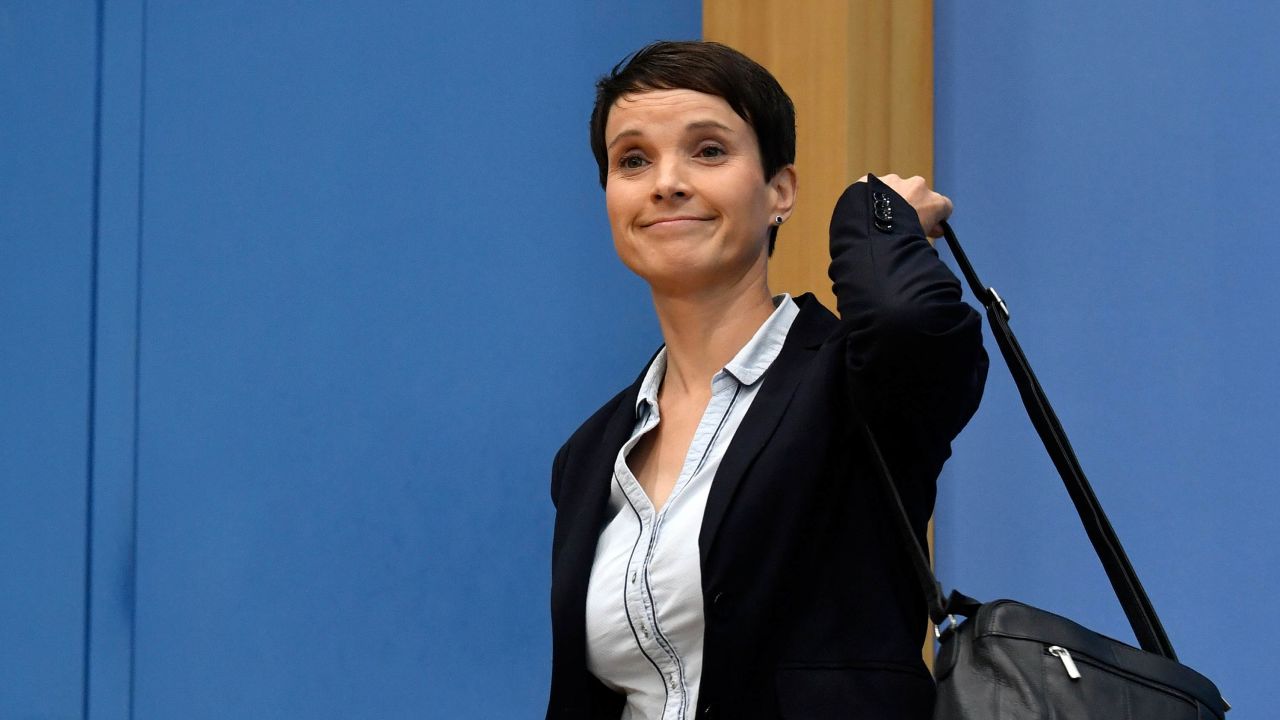 Leadership member of the hard-right party AfD (Alternative für Deutschland) Frauke Petry leaves a press conference of her party on the day after the German General elections on September 25, 2017 in Berlin, where she said she refused to join the AfD party's parliamentary group.  
 The election spelt a breakthrough for the anti-Islam Alternative for Germany (AfD), which with 13 percent became the third strongest party and vowed to "go after" Merkel over her migrant and refugee policy. / AFP PHOTO / John MACDOUGALL        (Photo credit should read JOHN MACDOUGALL/AFP/Getty Images)