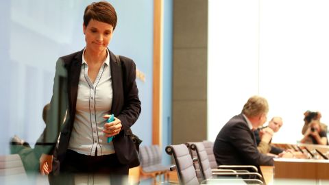 Frauke Petry leaves a press conference in Berlin on the day after the German election.