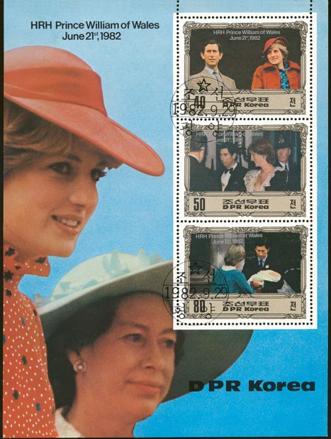 Stamps featuring Princess Diana celebrate the birth of Prince William, in 1982. Stamps such as these would have been made for foreign collectors and not used by the North Korean public. 