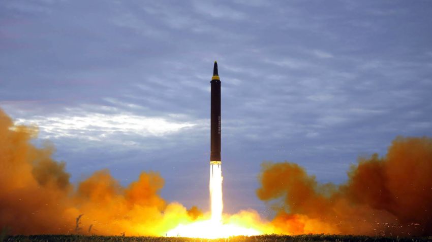 PLEASE NOTE FROM KCNA: This picture from North Korea's official Korean Central News Agency (KCNA) taken on August 29, 2017 and released on August 30, 2017 shows North Korea's intermediate-range strategic ballistic rocket Hwasong-12 lifting off from the launching pad at an undisclosed location near Pyongyang.