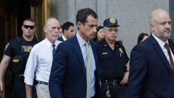 Former Congressman Anthony Weiner (D-N.Y.), center, leaves federal court following his sentencing, Monday, Sept. 25, 2017, in New York. Weiner was sentenced to 21 months in a sexting case that rocked the presidential race.