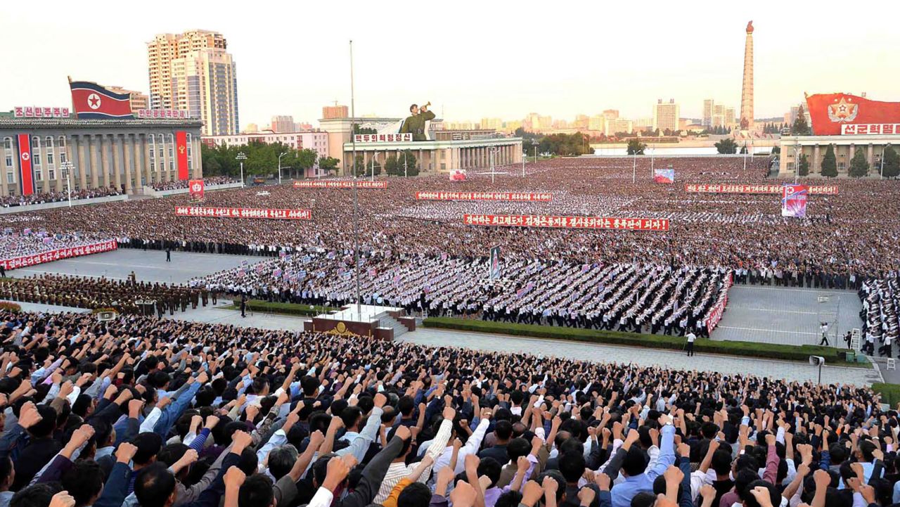 This picture taken on September 23, 2017 and released from North Korea's official Korean Central News Agency (KCNA) on September 24 shows an anti-US rally in Kim Il-Sung Square in Pyongyang.
Tens of thousands of Pyongyang residents gathered in the capital's Kim Il-Sung Square on September 23 to laud leader Kim Jong-Un's denunciation of US President Donald Trump. (STR/AFP/Getty Images)