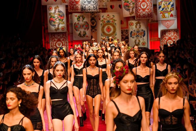 Dolce & Gabbana's latest collection was set against a dramatic deck-of-cards backdrop. 