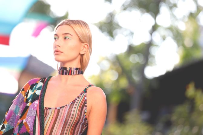 Hailey Baldwin dons Missoni's signature knitted stripes. 