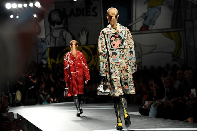 Miuccia Prada sent models down the runway in bold, graphic novel-inspired prints.