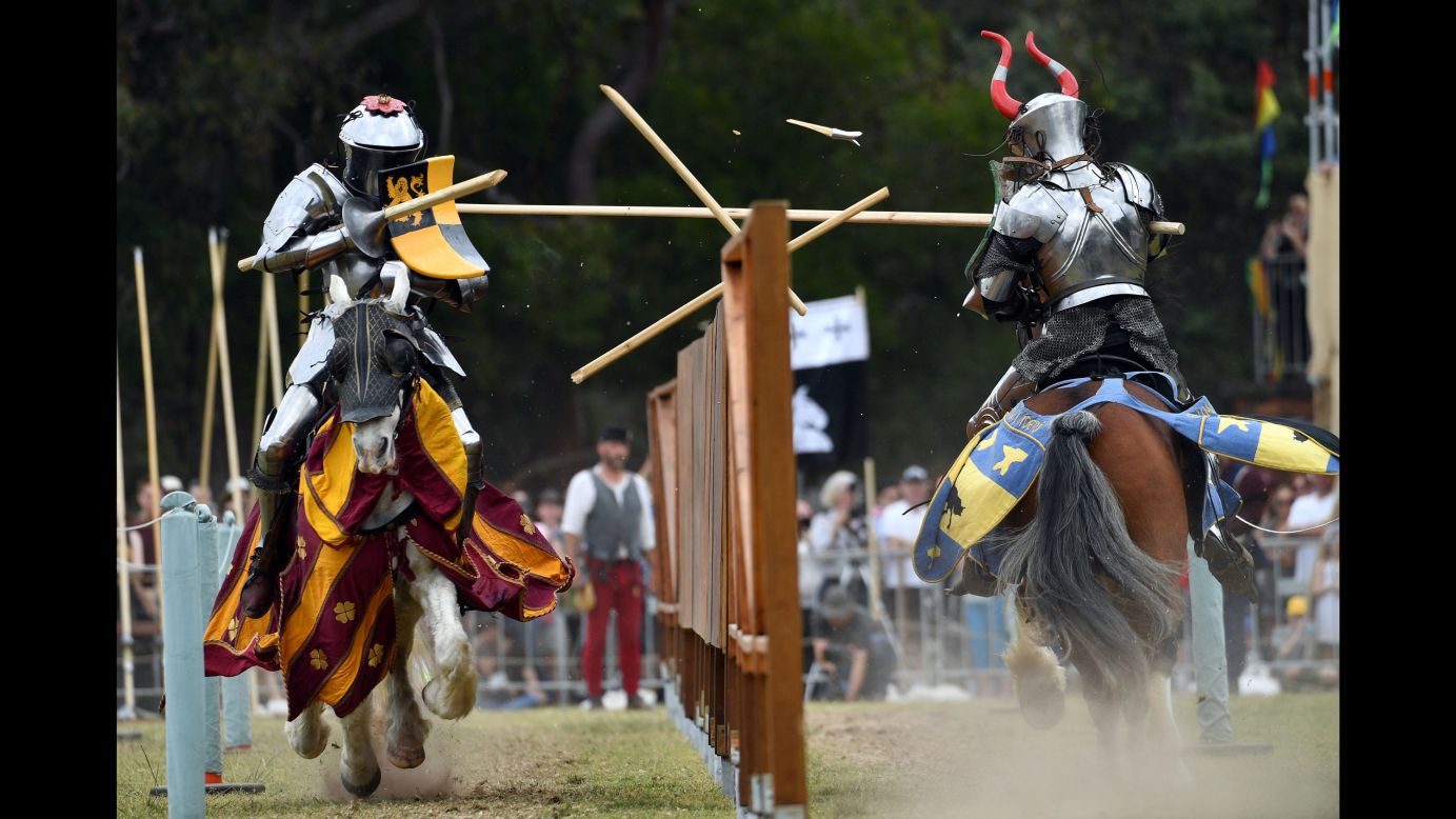 Britain's Dominic Sewell, left, competes against Norway's Per Estein Prois-Rohjell during the inaugural World Jousting Championship on Saturday, September 23. The tournament took place in Sydney.