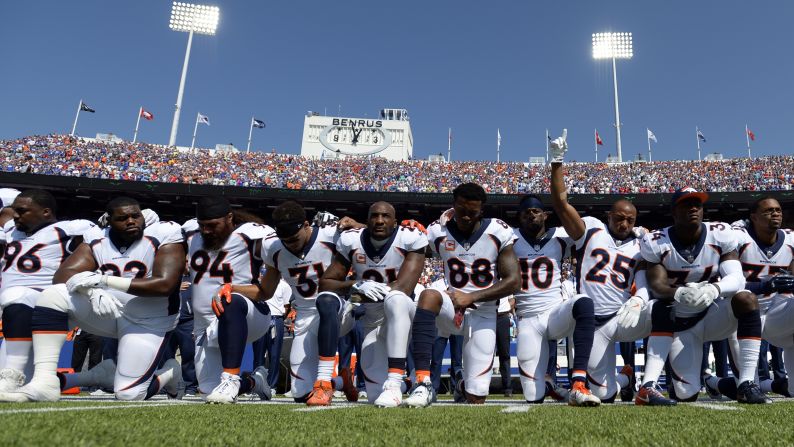 Before playing the Buffalo Bills on Sunday, September 24, members of the Denver Broncos take a knee during the national anthem. All eyes were on NFL sidelines Sunday, a couple of days after President Donald Trump <a href="index.php?page=&url=http%3A%2F%2Fwww.cnn.com%2F2017%2F09%2F23%2Fpolitics%2Fnfl-goodell-trump-response%2Findex.html" target="_blank">strongly criticized players</a> who have been protesting during the anthem. Many players and coaches from across the league -- and some team owners, too -- <a href="index.php?page=&url=http%3A%2F%2Fwww.cnn.com%2F2017%2F09%2F24%2Fus%2Fnfl-trump-take-knee-protests%2Findex.html" target="_blank">came together during pregame ceremonies,</a> locking arms or putting their hands on each other's shoulders. <a href="index.php?page=&url=http%3A%2F%2Fwww.cnn.com%2Finteractive%2F2017%2F09%2Fus%2Fnfl-anthem-protests-cnnphotos%2Findex.html" target="_blank">See more photos from the protests</a>