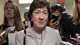 Senator Susan Collins, a Republican from Maine, speaks to members of the media in the basement of the U.S. Capitol in Washington, D.C., U.S., on Tuesday, Sept. 19, 2017. Senate Republicans making one last-ditch effort to repeal Obamacare have the daunting task of assembling 50 votes for an emotionally charged bill with limited details on how it would work, what it would cost and how it would affect health coverage -- all in 12 days. Photographer: Andrew Harrer/Bloomberg via Getty Images