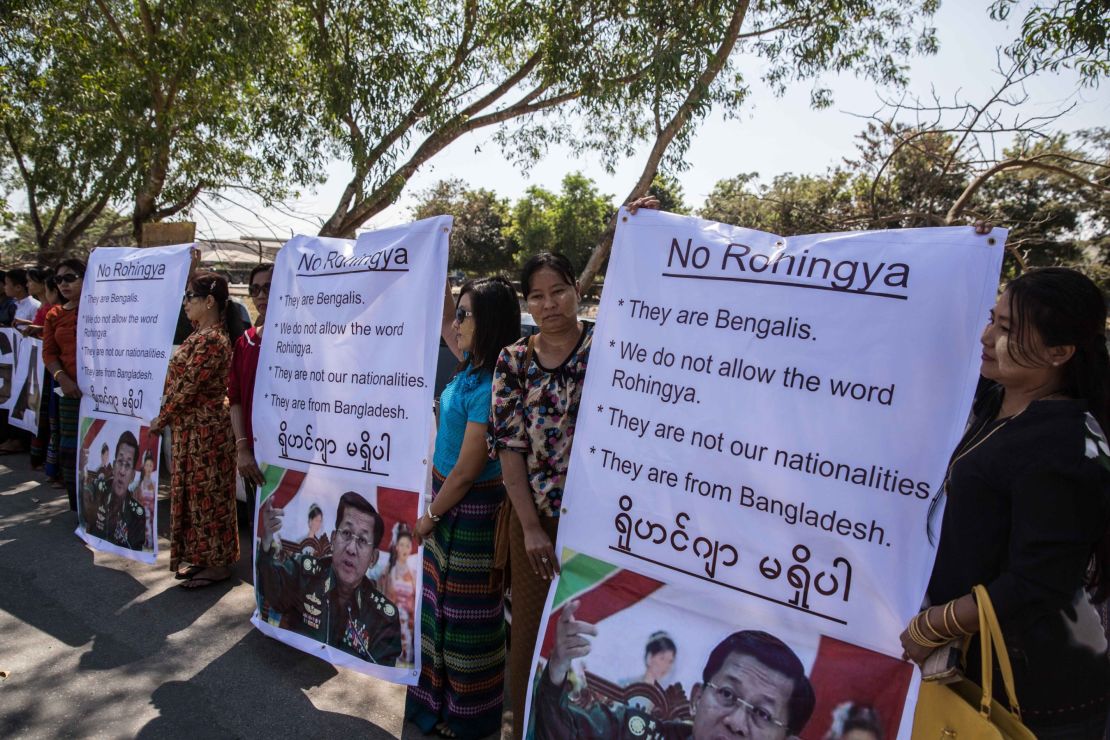 Ma Ba Tha, Buddhist extremists, protest the use of the word "Rohingya" as a Rakhine donation ship from Malaysia arrives on February 9, 2017 in Yangon, Myanmar. 