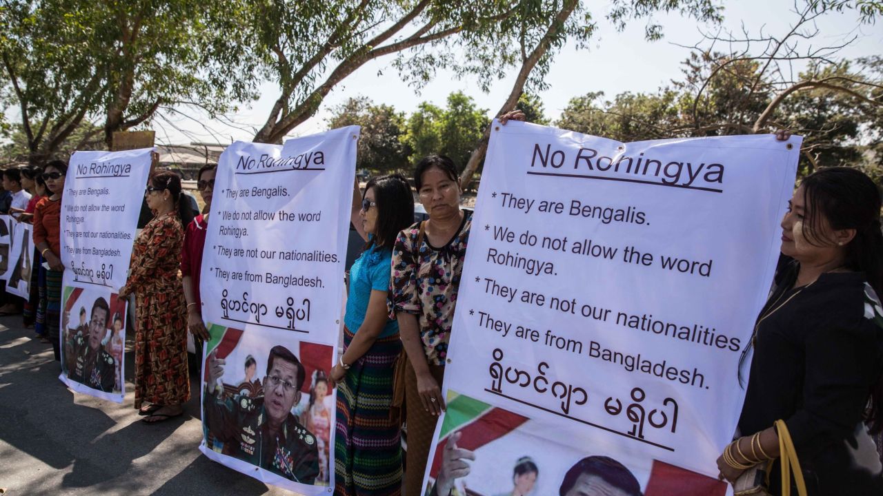 Ma Ba Tha, Buddhist extremists, protest the use of the word "Rohingya" as a Rakhine donation ship from Malaysia arrives on February 9, 2017 in Yangon, Myanmar.