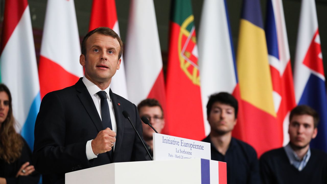 French President Emmanuel Macron delivers a speech on the European Union at the amphitheater of the Sorbonne University on September 26, 2017 in Paris.