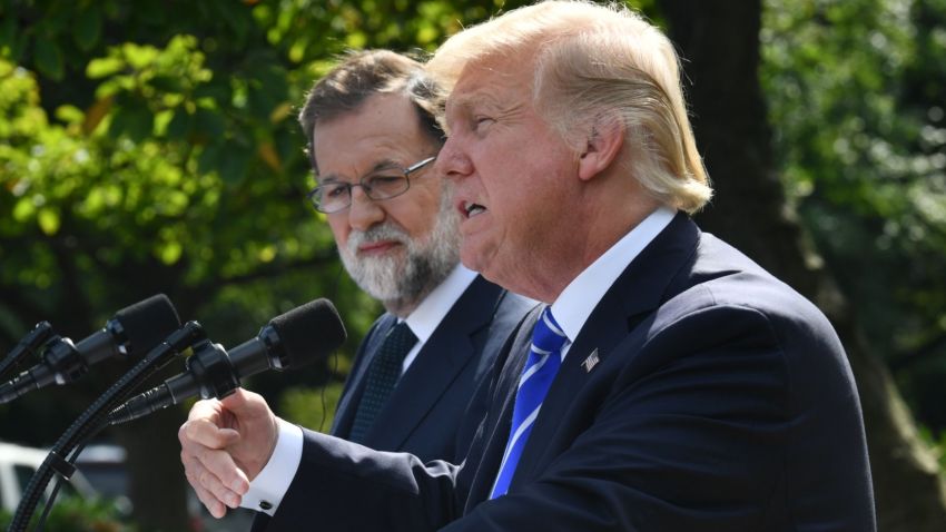 US President Donald Trump holds a joint press conference with Spanish Prime Minister Mariano Rajoy in the Rose Garden of the White House in Washington, DC, September 26, 2017.