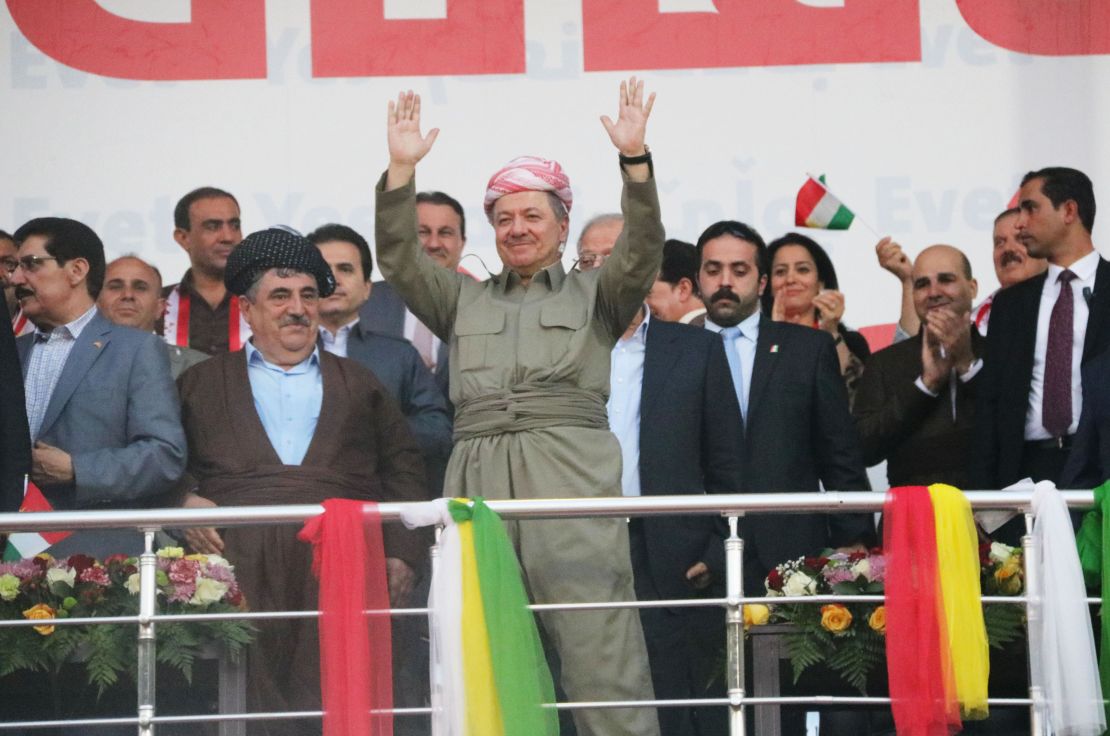 Barzani appears at a pro-independence rally in Irbil on Friday.
