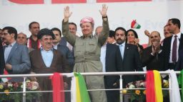 Iraqi Kurdish President Masoud Barzani (C) raises his hands in front of his supporters at a pro-independence rally in Erbil, Iraq, on Sept. 22, 2017. Despite opposition by the central government in Baghdad, Kurdish authorities in northern Iraq plan to press ahead with a referendum on independence on Sept. 25. (Kyodo)
==Kyodo