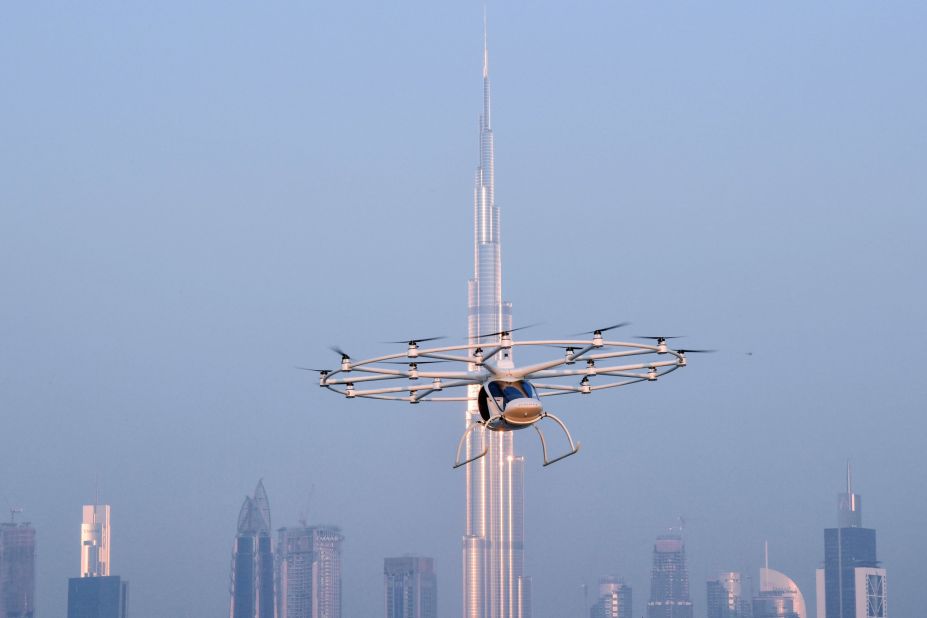 The 18-rotor Volocopter on a test flight in Dubai in September 2017. The autonomous vehicle has a cruising speed of 30mph and is being explored as a future taxi service for the city.<br />