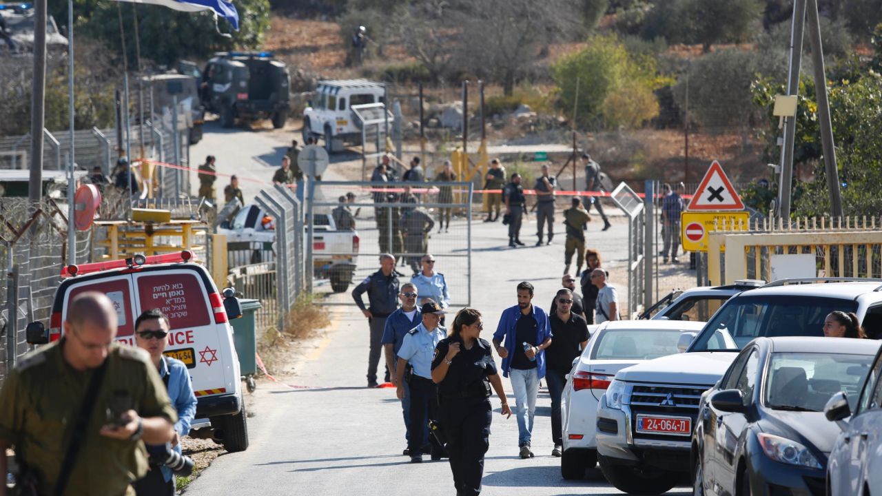 Israeli security at the entrance to Har Adar settlement near Jerusalem, September 26.