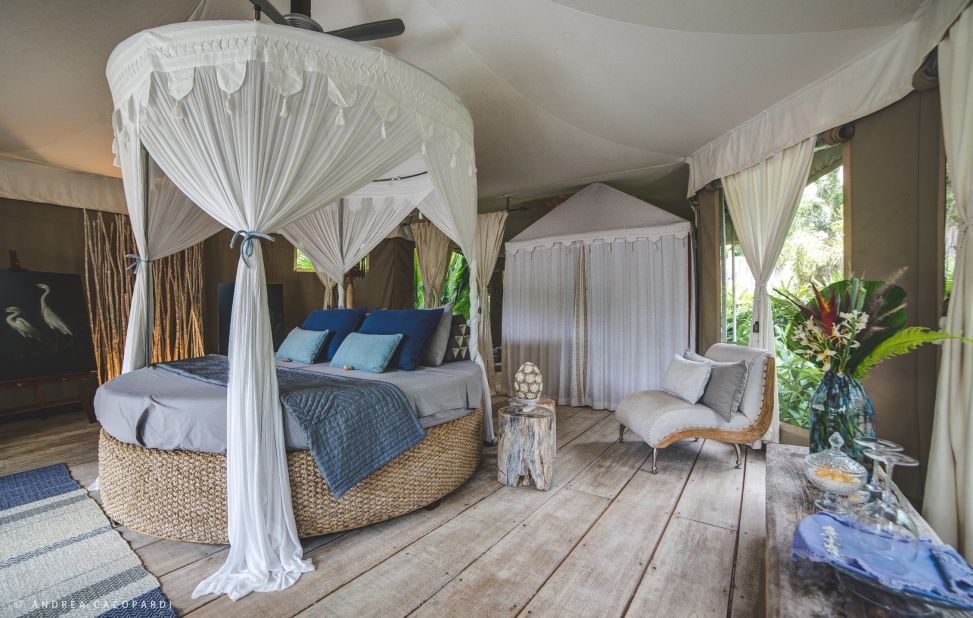 <strong>Sandat Glamping Tents:</strong> Overlooking the rice paddies of Ubud, in northern Bali, Sandat Glamping promises all the glamor of a luxury hotel -- think four-poster beds, wine, eco-friendly design and private pools.