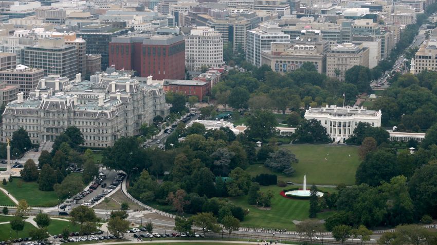 WASHINGTON, DC - OCTOBER 01:  The White House, the South Lawn, the Ellipse and the Eisenhower Executive Office Building are seen from the observation deck of the Washington Monument October 1, 2014 in Washington, DC. (Chip Somodevilla/Getty Images)