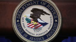 WASHINGTON, DC - JUNE 29: The Justice Department seal is seen on the lectern during a Hate Crimes Subcommittee summit on June 29, 2017 in Washington, DC. (Mark Wilson/Getty Images)