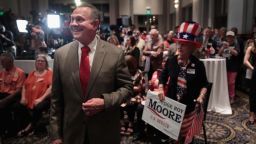 MONTGOMERY, AL - SEPTEMBER 26:  Republican candidate for the U.S. Senate in Alabama, Roy Moore, greets guests after arriving at an election-night rally on September 26, 2017 in Montgomery, Alabama. Moore, former chief justice of the Alabama supreme court, is in a primary runoff contest against incumbent Luther Strange for the seat vacated when Jeff Sessions was appointed U.S. Attorney General by President Donald Trump.   (Photo by Scott Olson/Getty Images)