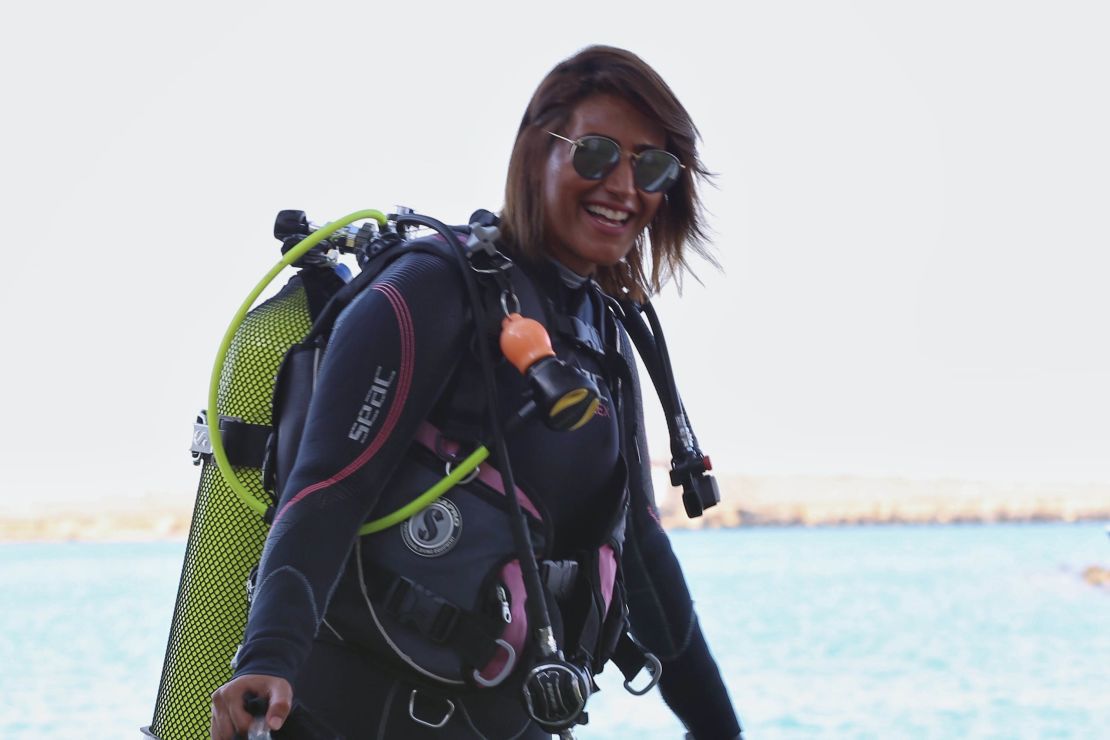Nouf Alosaimi, a 29-year-old diving instructor based in Jeddah, is pictured in diving gear.