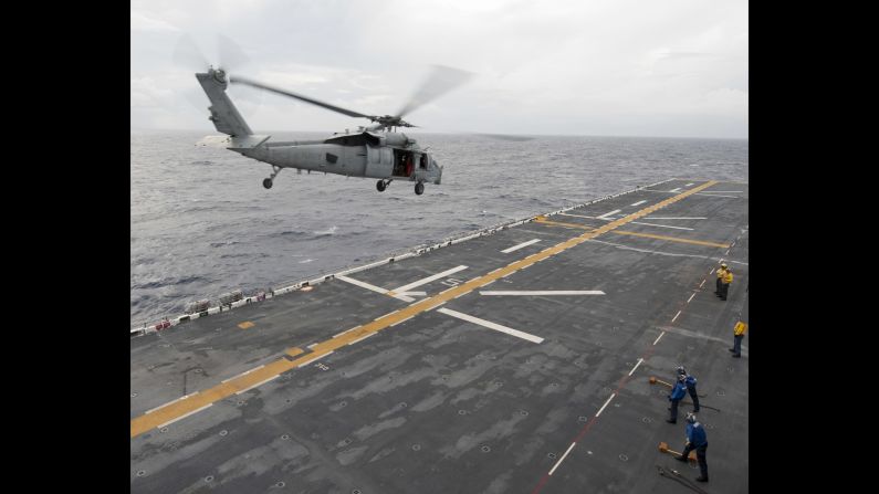 An MH-60S Seahawk takes off from the USS Wasp, which was in the Caribbean Sea on Thursday, September 7. In the aftermath of Hurricane Irma, helicopters were conducting medical evacuations in the US Virgin Islands.