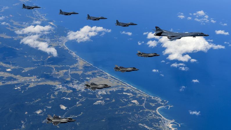 Fighter jets from the United States and South Korea fly together during a training exercise in Gangwon-do, South Korea, on Monday, September 18.