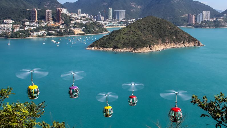<strong>Heli-cable cars: </strong>In this image, Fung has turned Hong Kong amusement park Ocean Park's cable cars into flying cable cars.