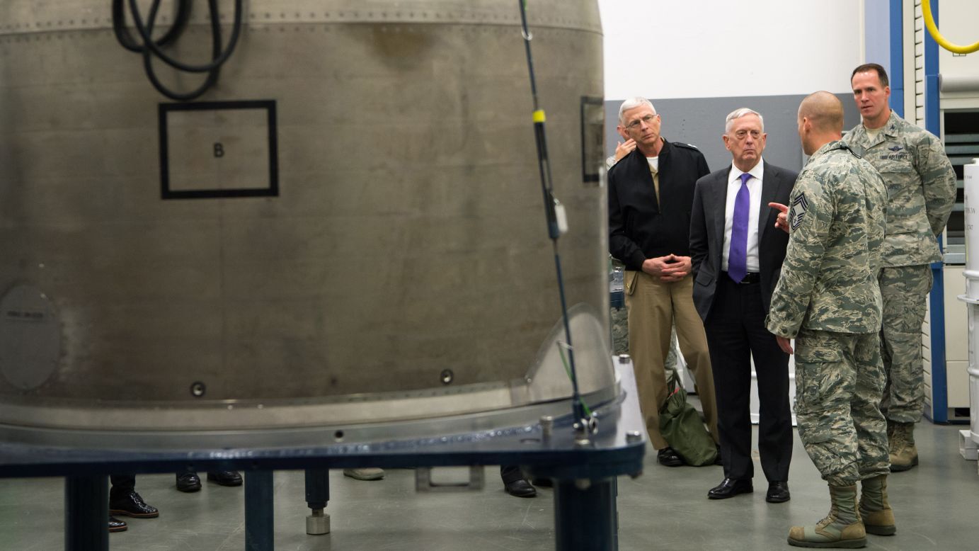 US Secretary of Defense Jim Mattis, third from right, visits North Dakota's Minot Air Force Base on Wednesday, September 13. The base is home to many nuclear missiles and bomber planes.