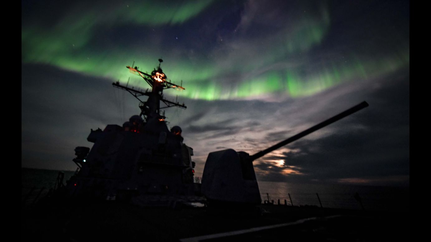 The USS Oscar Austin, an Arleigh Burke-class destroyer, travels in the Arctic Circle on Thursday, September 5.