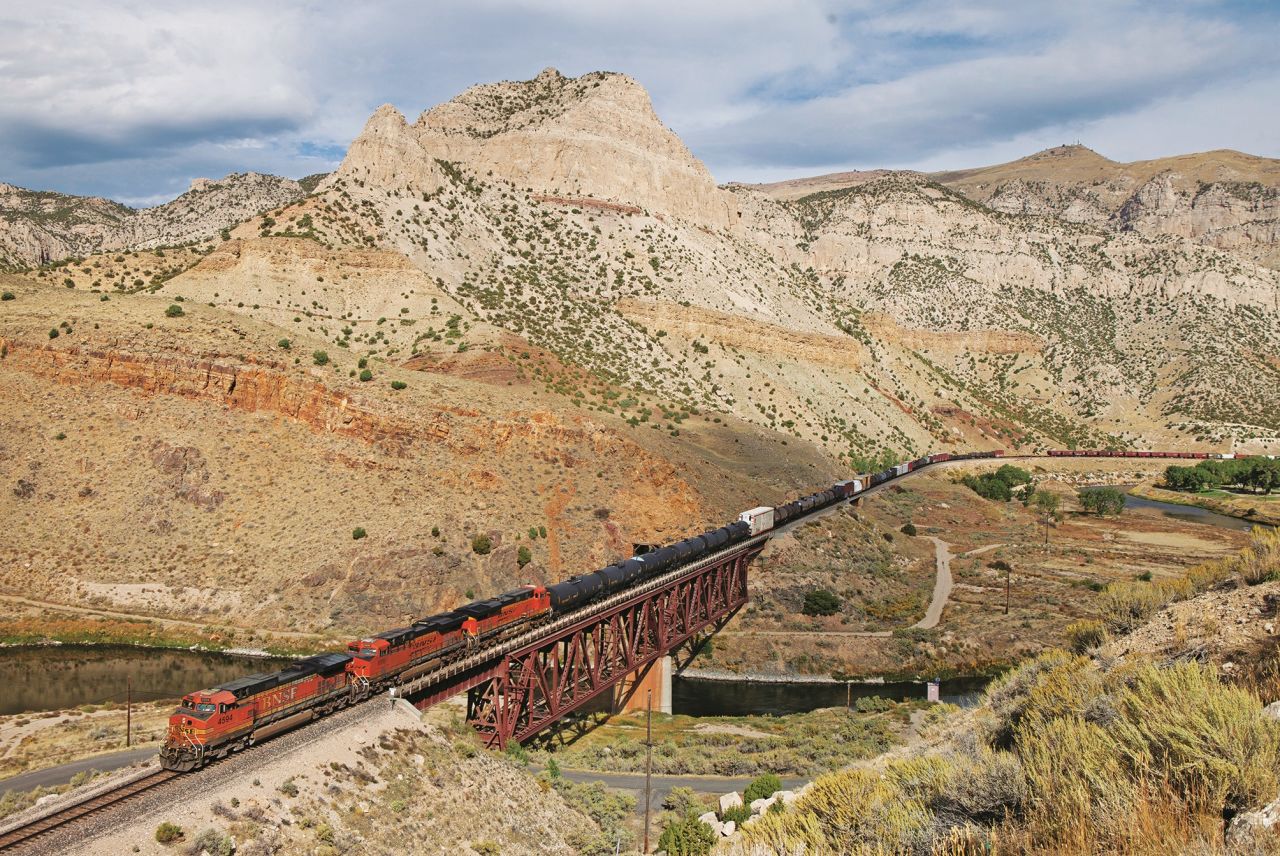 <strong>BNSF C44-9W 4594, crossing Bighorn River at Boysen, Wyoming</strong>: But it is photographing America's railway network that has become a passion for Lewis. "Traveling around America photographing trains takes you to spectacular places one would have little reason to visit, a long way off the normal tourist trail," he says.