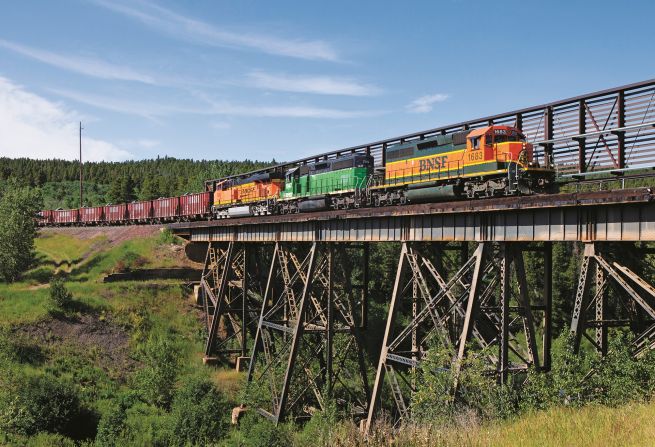 <strong>BNSF SD40-2s1683, Marias Pass Summit to East Glacier, Montana</strong>: Railways in America are also notable for still being run by private companies: "They have remained private companies throughout," says Lewis. "Each with their own unique paint scheme and different operating cultures."