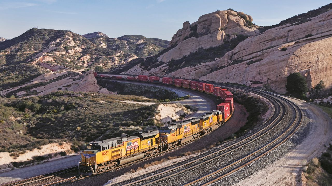 This Union Pacific train was photographed by Lewis at Sullivan's Curve, Cajon Pass, California.