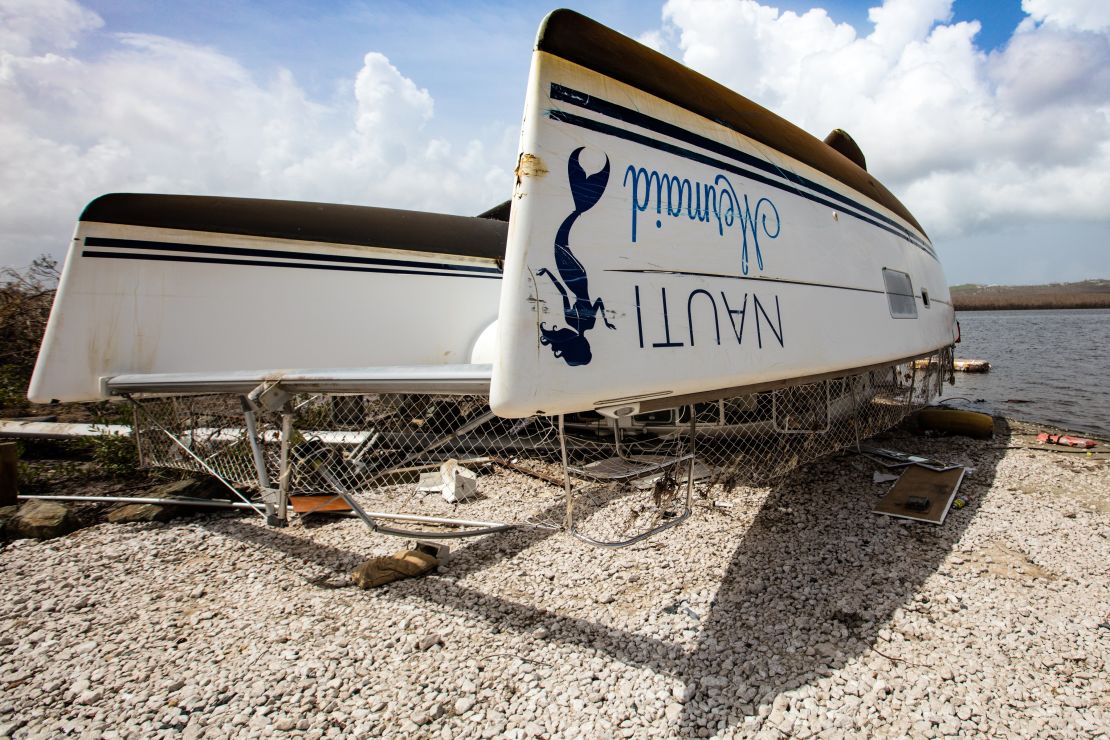 This boat was flipped and ruined by Hurricane Maria. 