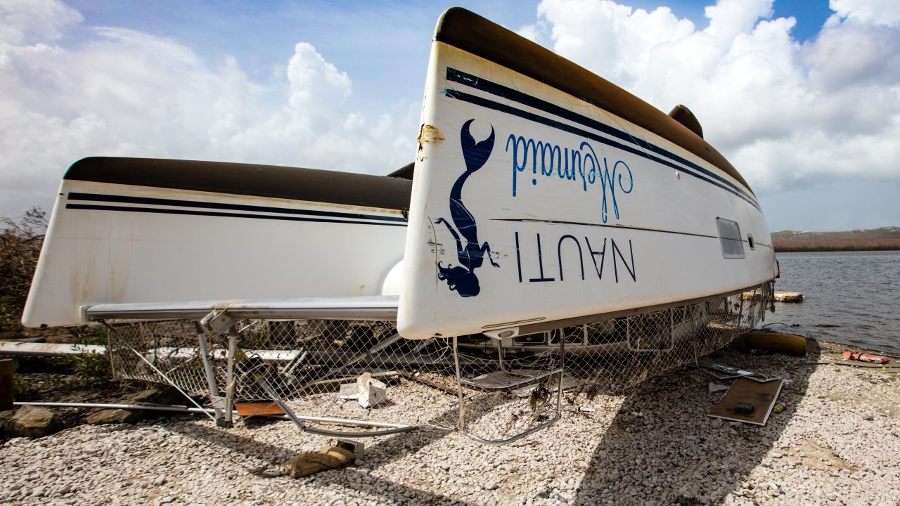 This boat was flipped and ruined by Hurricane Maria.