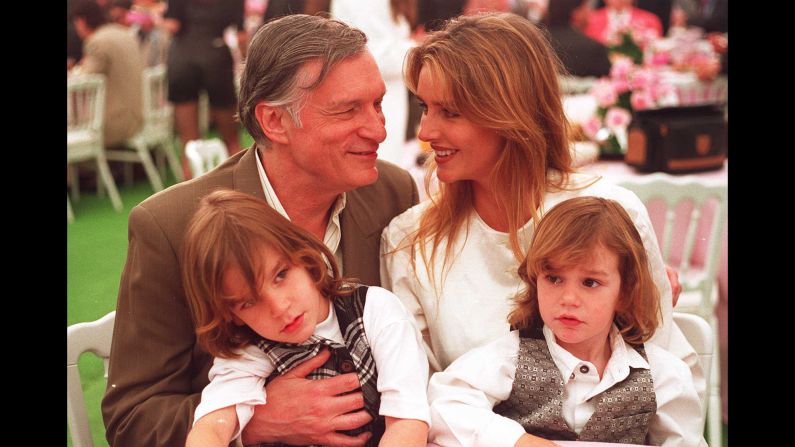 Hefner seen with his second wife, Kimberley Conrad, a former Playboy Playmate of the Year, and their sons Marston and Cooper in April 1994.