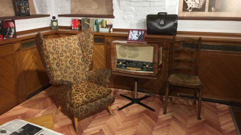 Objects from Philby's Moscow apartment on display at the exhibition, including a chair he worked in, radio, and briefcase which a Russian official said never left his side and that he used to smuggle documents.