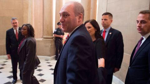 US Majority Whip Representative Steve Scalise, Republican of Louisiana, walks through Statuary Hall at the US Capitol in September 2017, as he returns to work after being injured in a shooting at the Republican Congressional baseball team practice earlier that year.