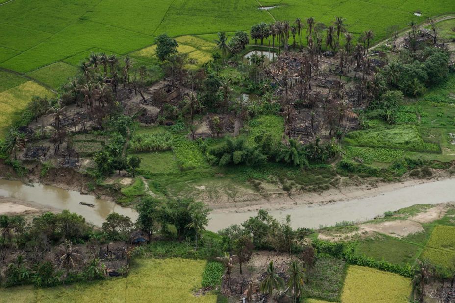 Burnt villages are visible near Maungdaw in Myanmar's Rakhine state on September 27.