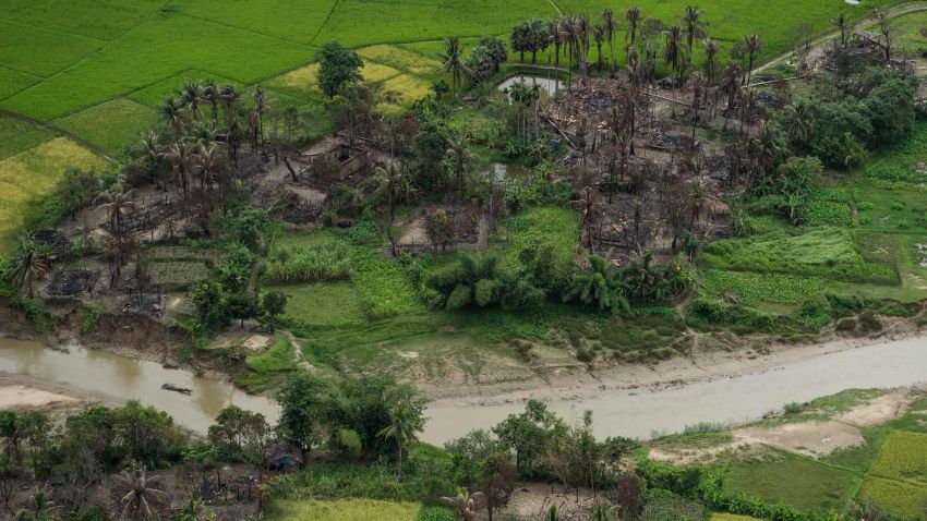 This aerial picture taken on September 27, 2017 shows burnt villages near Maungdaw in Myanmar's northern Rakhine state.