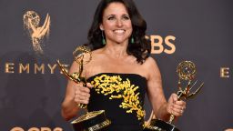 LOS ANGELES, CA - SEPTEMBER 17:  Actor Julia Louis-Dreyfus, winner of the award for Outstanding Comedy Actress for 'Veep,' poses in the press room during the 69th Annual Primetime Emmy Awards at Microsoft Theater on September 17, 2017 in Los Angeles, California.  (Photo by Alberto E. Rodriguez/Getty Images)