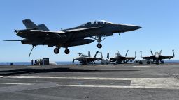 An F/A-18F Super Hornet lands on the US navy's super carrier USS Dwight D. Eisenhower (CVN-69) ("Ike") in the Mediterranean Sea on July 6, 2016.The US aircraft carrier is deployed in support of Operation Inherent Resolve, maritime security operations and theater security cooperation efforts in the US 6th Fleet area of operations. Air Wings embarked aboard conducted strikes against the Islamic State group in Libya , Iraq and Syria.   / AFP / ALBERTO PIZZOLI        (Photo credit should read ALBERTO PIZZOLI/AFP/Getty Images)