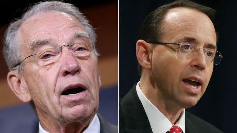 On left, Sen. Chuck Grasley, the Iowa Republican and chairman of the Senate judiciary committee, and, on right, Justice Department Deputy Attorney General Rod Rosenstein. 