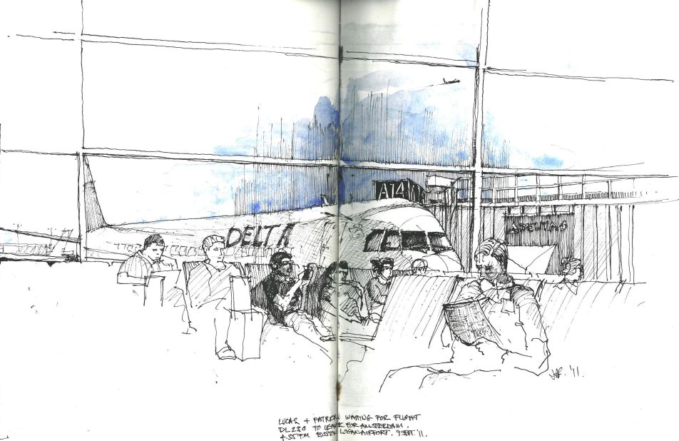 <strong>Waiting game:</strong> Executive travel also means a lot of time at the airport and Gardner enjoys sketching people at the terminal. "You start with the eye and the hairline, go down through the nose and the chin, hit the neck and the collar and the shirt and everything else falls into place," he says. 
