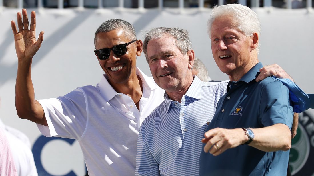 Former US Presidents Barack Obama, George W. Bush and Bill Clinton kicked off the Presidents Cup tournament in New Jersey on Thursday -- the first time three former presidents have attended the biennial event.