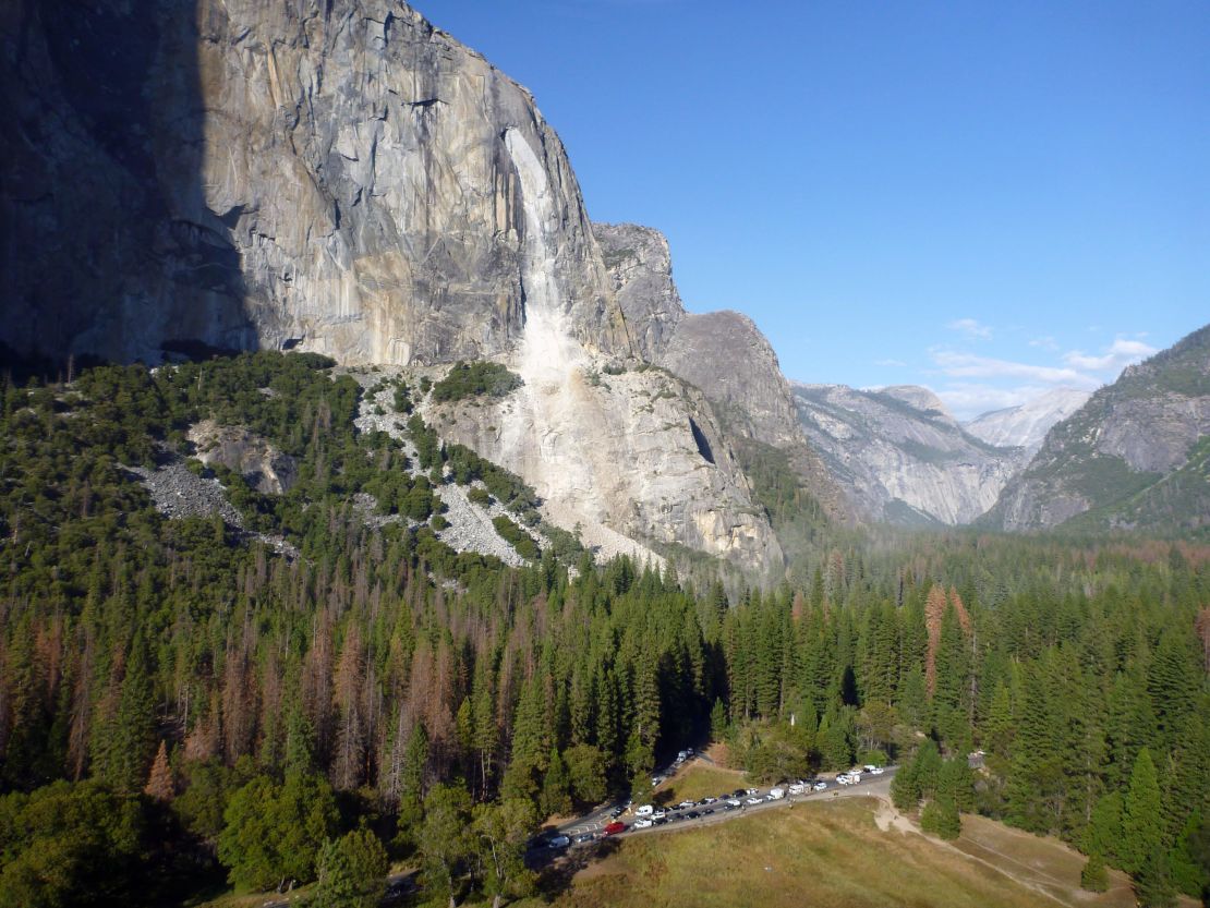 The site of the rockfall that occurred on the Southeast Face of El Capitan, taken from a park helicopter.