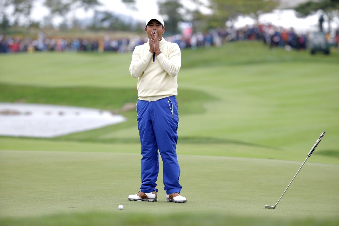 Anirban Lahiri reacts to missing a crucial putt on the 18th green and losing his singles matche at the Presidents Cup two years ago in South Korea.