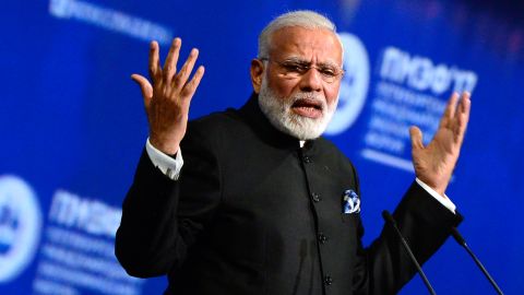 Indian Prime Minister Narendra Modi gives a speech during a session of the International Economic Forum (SPIEF) in Saint Petersburg on June 2, 2017.