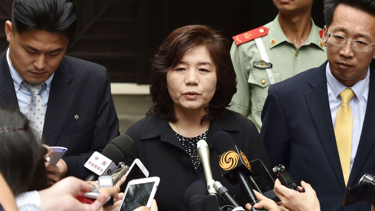 North Korea's Choe Son Hui, center, meets with reporters in Beijing on June 23, 2016.