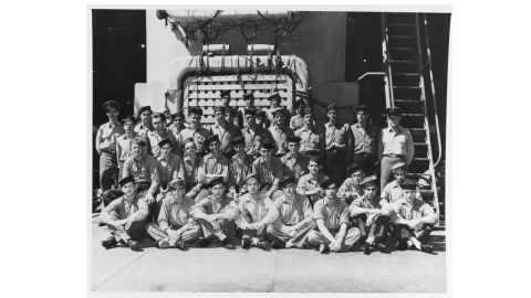 Members of the USS Indianapolis's crew pose in the well deck during World War II.